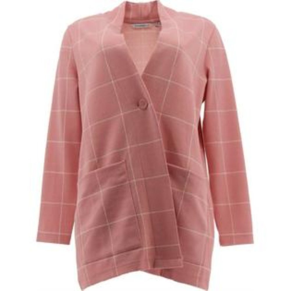 Isaac Mizrahi LIVE! Large Pink Windopane Knit menswear inspired long line jacket - Picture 2 of 9